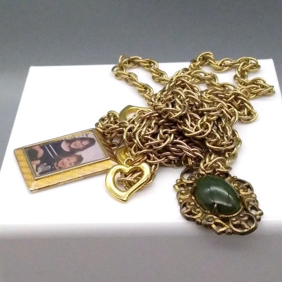 Vintage Rope Chain Charm Necklace, Long Gold Tone with 5 Charms, 3 Hearts - Picture 3 of 3